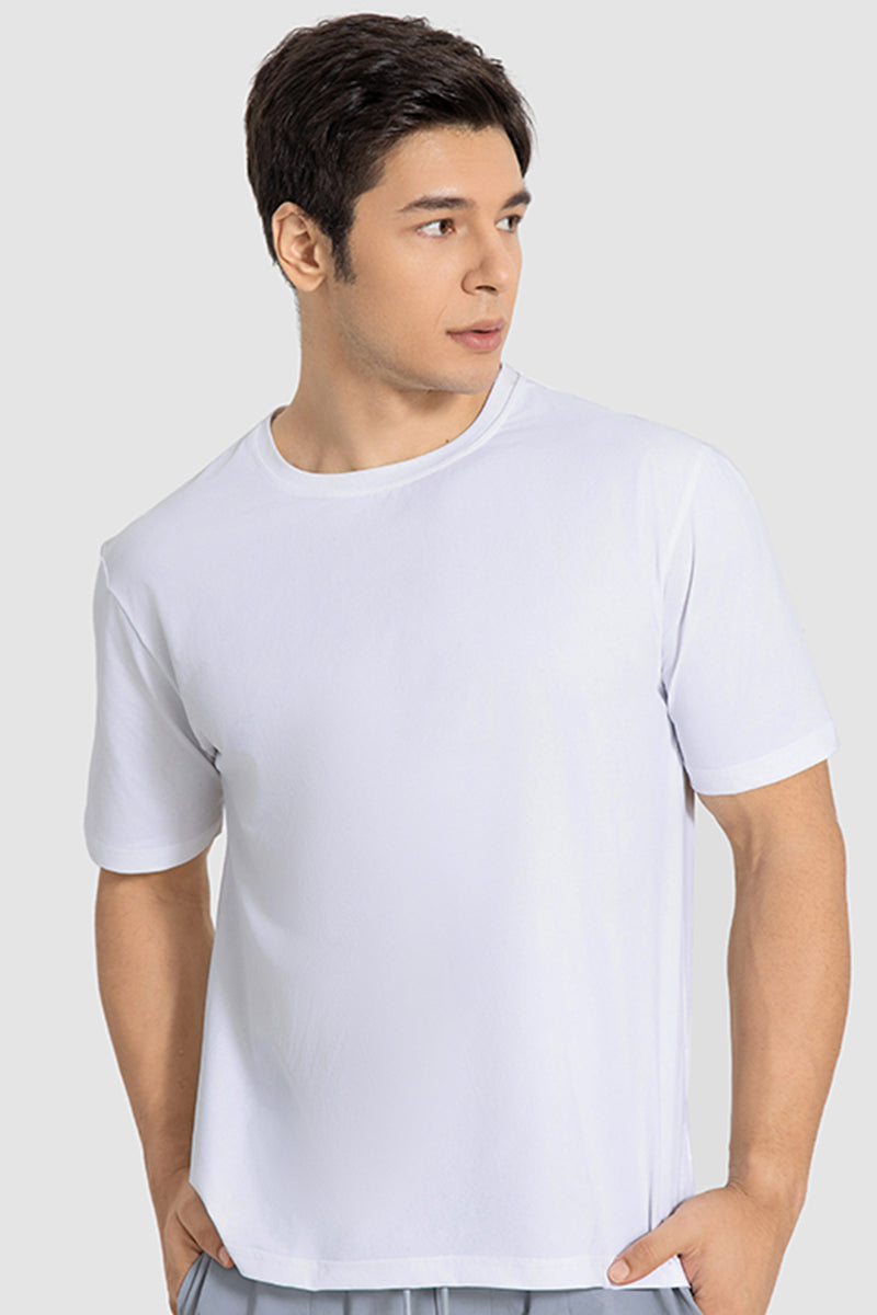Men Casual Short Sleeve Quick-Dry Breathable Elastic Fitness Running Round-Neck Solid Color T-Shirt