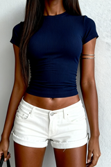 Women's slim round neck solid color short sleeves