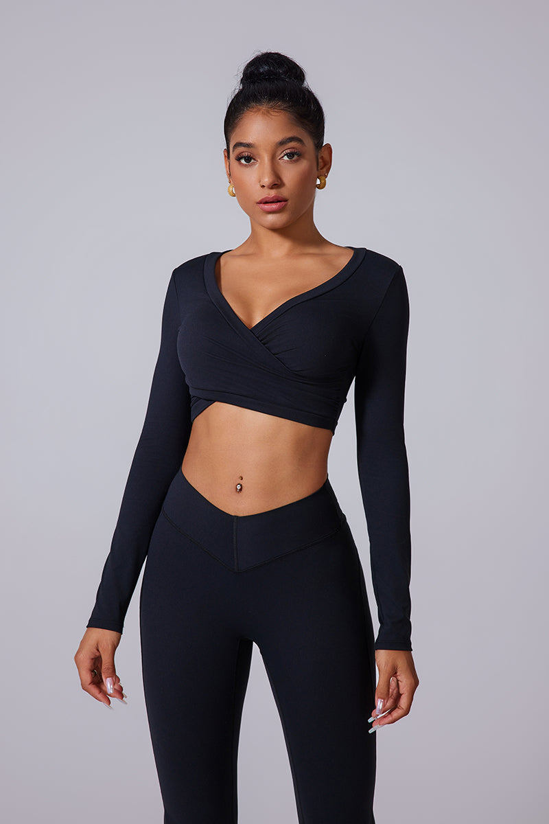 Women'S V-Neck Brushed Cross-Fold Sports Tight Long Sleeves