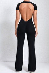 Women Short Sleeve Big Backless One Piece Flare Tight Nude Outfit Fitness Sports Yoga Bodysuit