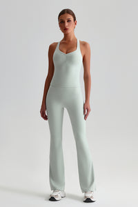 Women Cross Back Yoga Set: High Waisted No Pleat Seam Micro Wide Leggings + Pleated Crossover Camisole Bra
