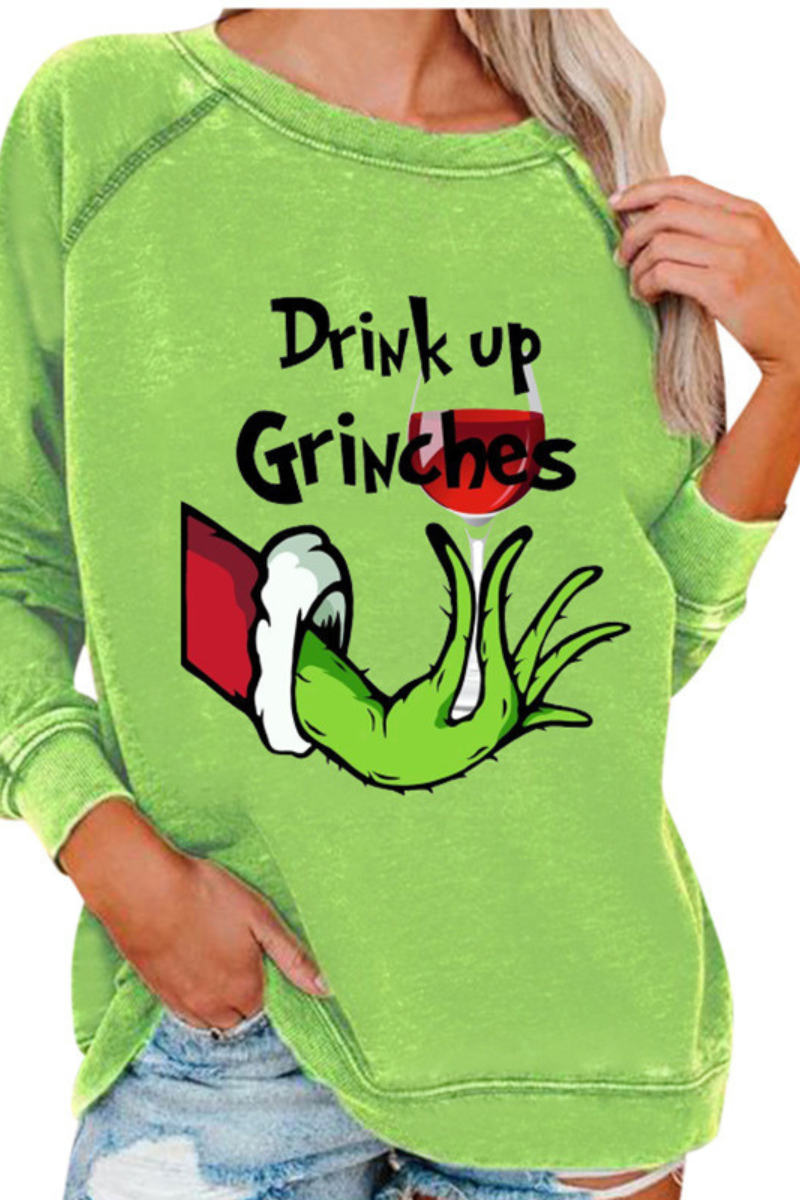 Women's Fall Cotton Christmas Grinch Cartoon Raglan Pullover