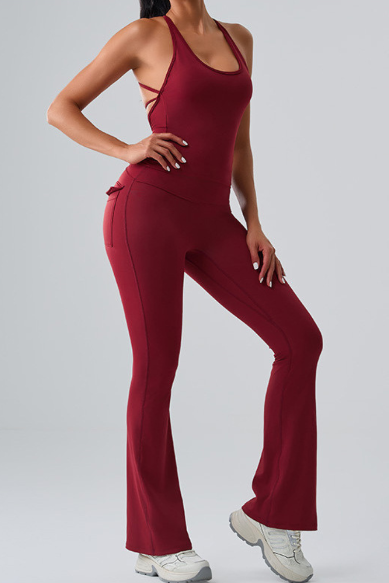 Women's Spaghetti Strap Sports Bra & Pocket Yoga Flare Pants Set