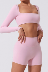 Women's Cropped Long Sleeve Top & Ruched Yoga Shorts Set