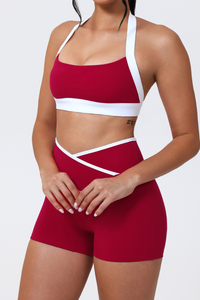Women's Color-Block Halter Sports Bra & Cross-Waist Shorts Set