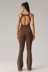 Women U-Neck Open-Back Sculpting Flared Pants Yoga Bodysuit