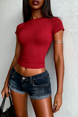 Women's slim round neck solid color short sleeves