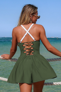 Women's Contrast Shoulder Strap Cross Tie Mini Dress