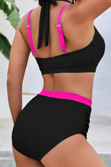 Women's Faux Two Piece V-Neck High Waist Halter Bikini Set