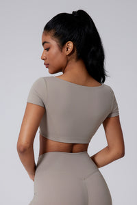 Women Square Neck Crop Removable-Pad Pleated Sculpting Workout Short Sleeve