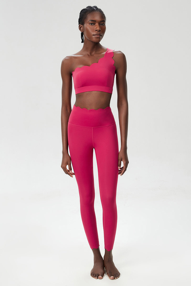 Women Wave Hem Liquid Yoga Set - One-Shoulder Bra & Sculpting Leggings