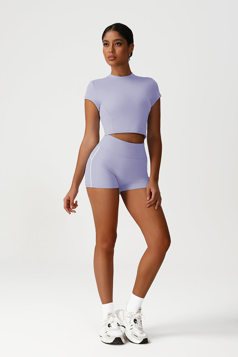 Women Seamless High Waisted Workout Set: Cropped Tee + Peach Lifting Shorts