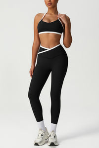 Trimmed crossover back bra & high waist sports leggings 2-piece set