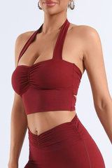 Women's Halter Neck Pleated Twist Back Padded Sports Bra