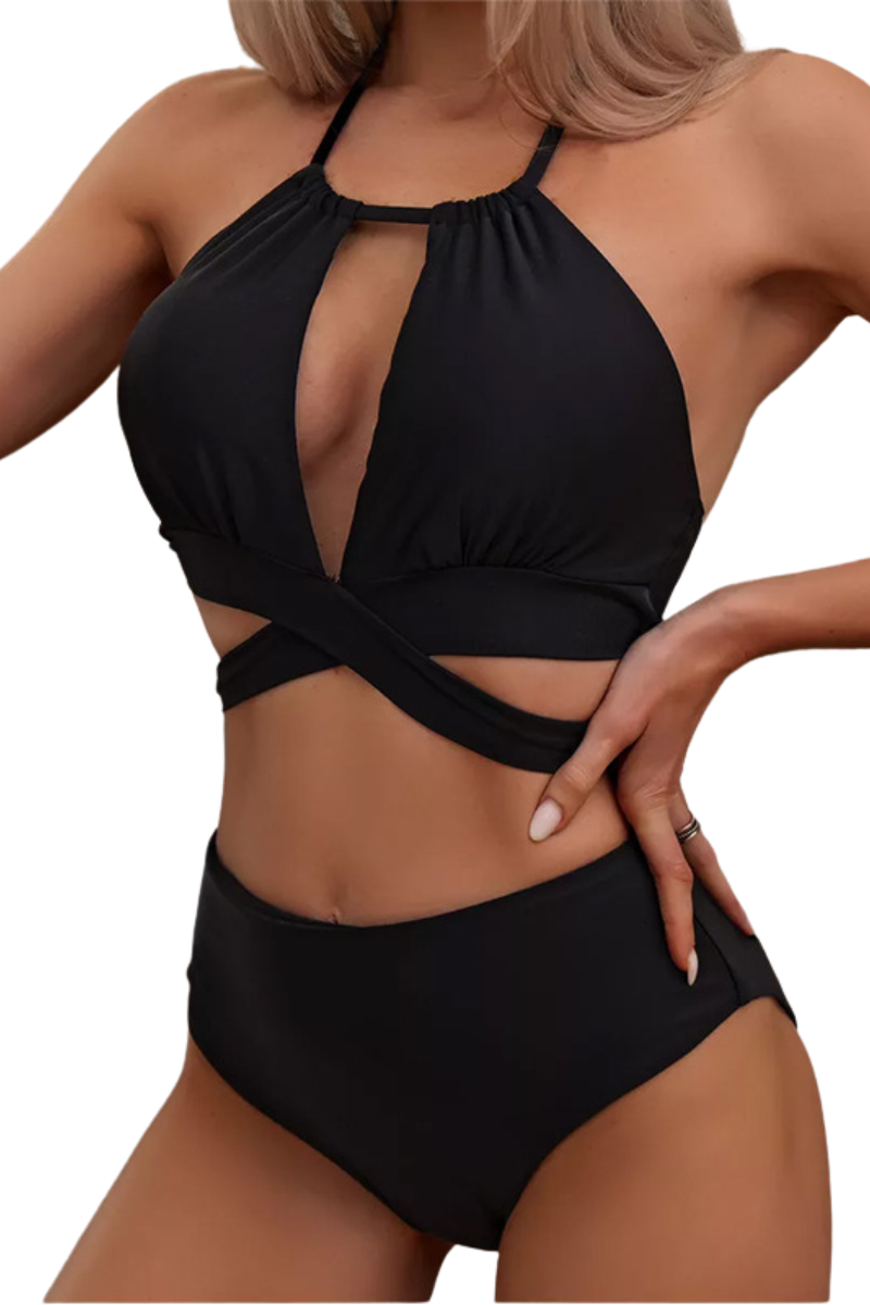 Women's Halter Back Bow High Waist Bikini Set - Solid