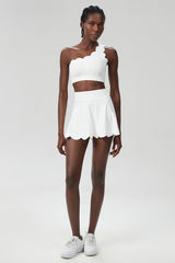 Women Wave Scoop-Neck Seamless Plus Size Tennis Set - Quick-Dry One-Shoulder Bra & Ruffle Hem Skirt