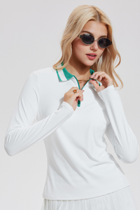 Women's Color-Block Polo Long-Sleeve Top