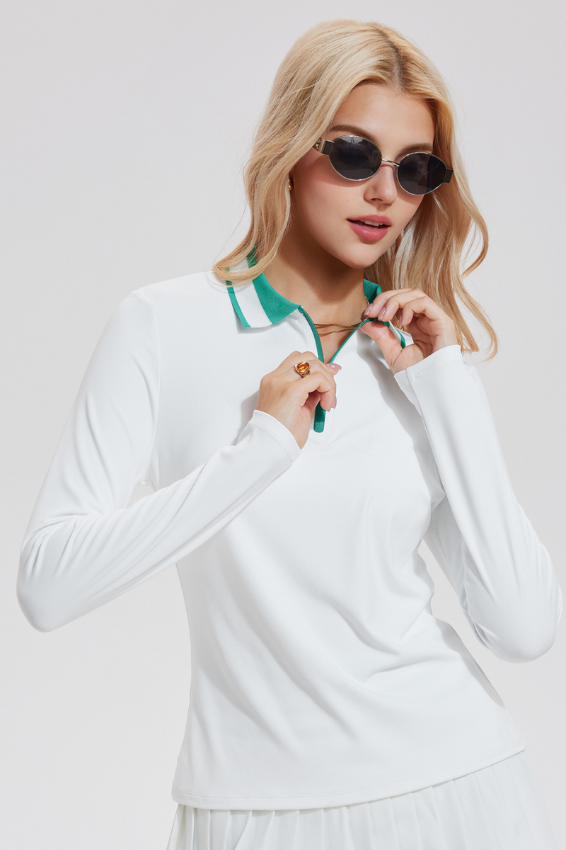 Women's Color-Block Polo Long-Sleeve Top