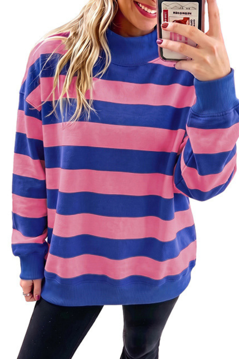 Women's Fall Striped Color Block Relaxed Mockneck Sweatshirt