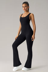 Women U-Neck Open-Back Sculpting Flared Pants Yoga Bodysuit