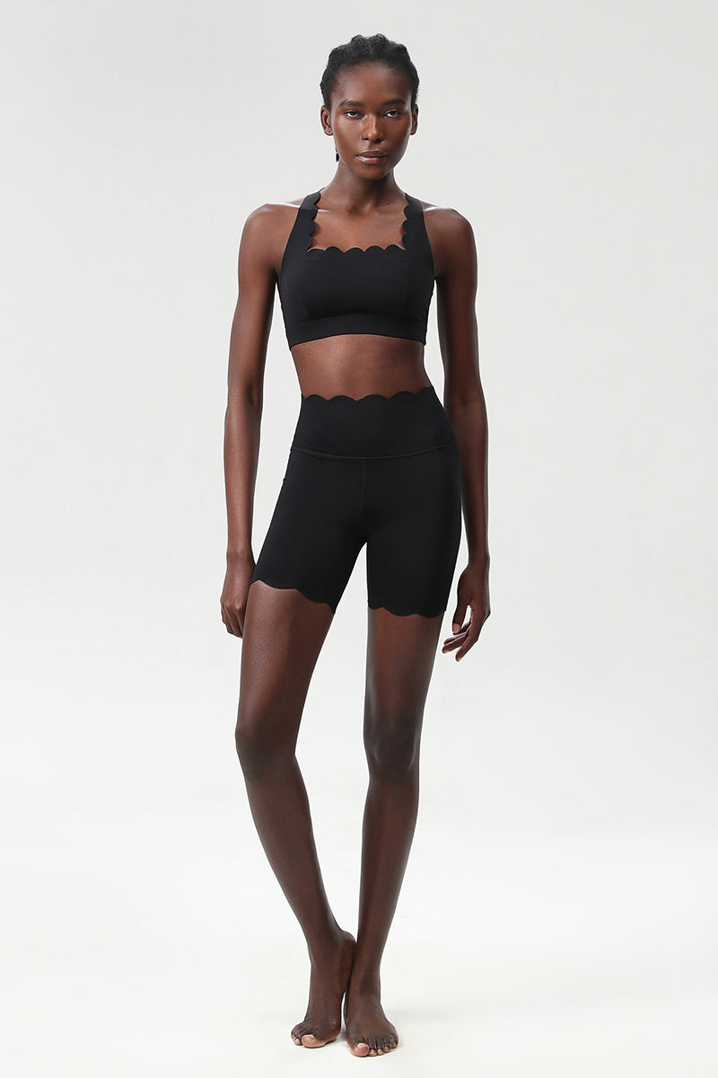 Women Wave-Edge Yoga Set: Double Shoulder Bra + Quick Dry Lycra Fitness Sports Shorts
