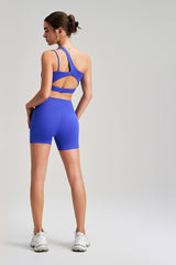 Women Single Shoulder Backless Yoga Set: Crisscross Strap Sports Bra + Shorts