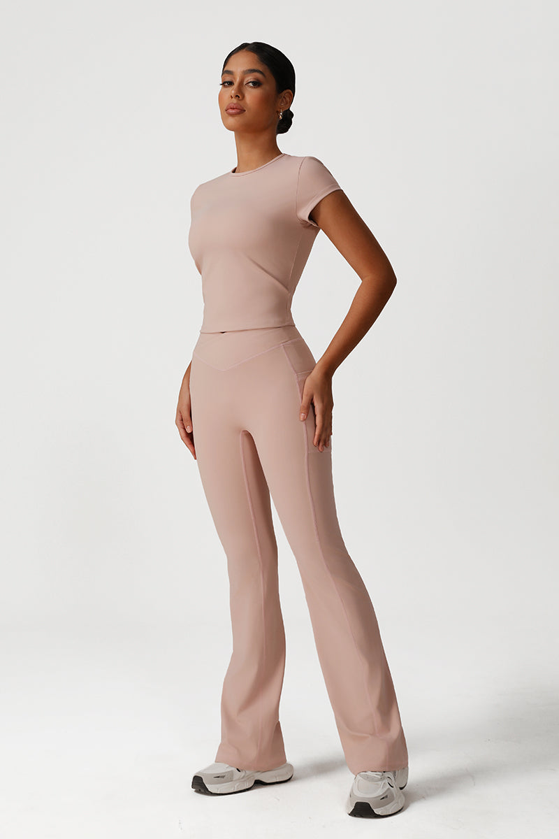 Women Naked Feel Yoga Set: Short Sleeve Top + Flared Pants