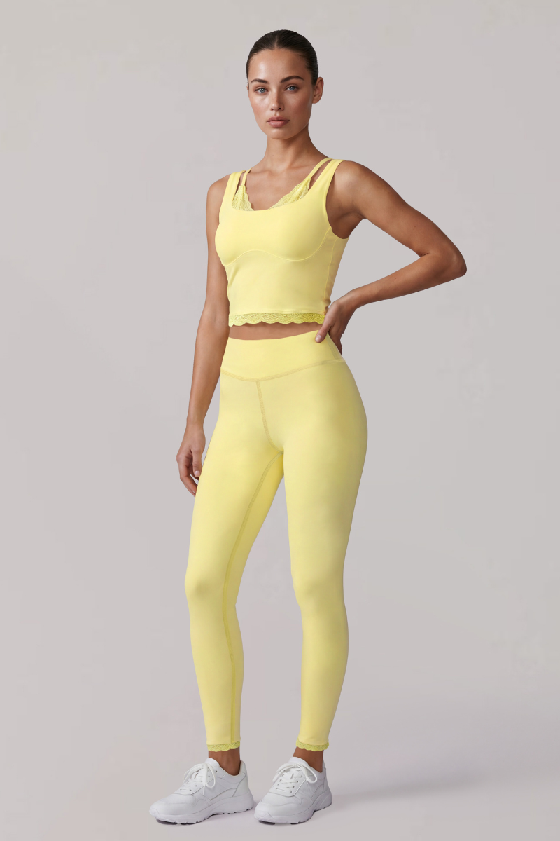 Women's Pilates Lace Trim Cropped Tank Top And Leggings Sets