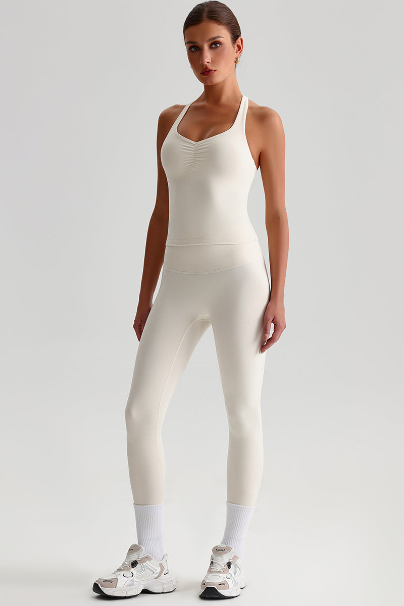 Women Brushed High Waisted Yoga Set: Tummy Control Tights + Halter Neck Support Bra