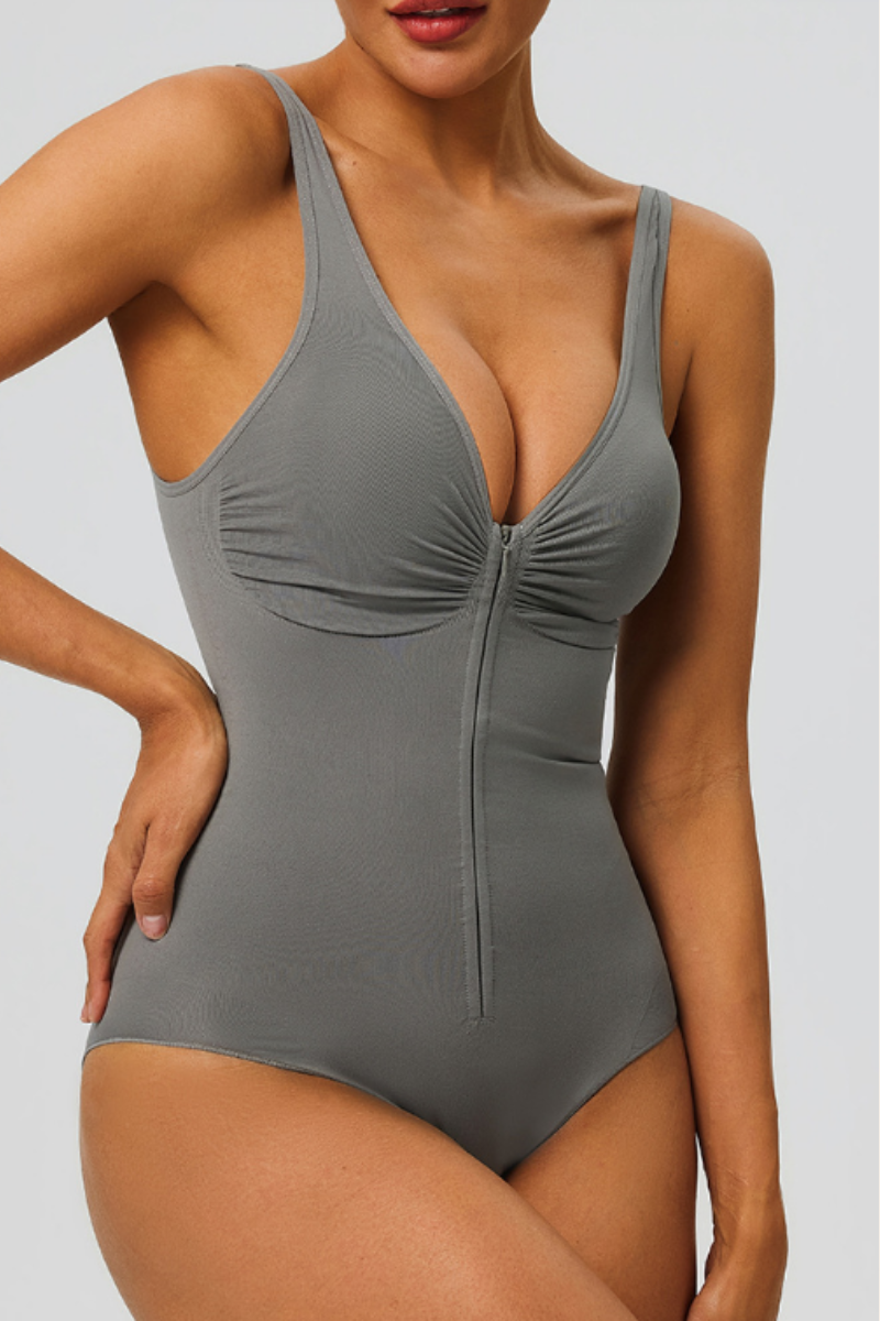Women's Seamless Pleated Zipper V-neck Sports Bodysuits