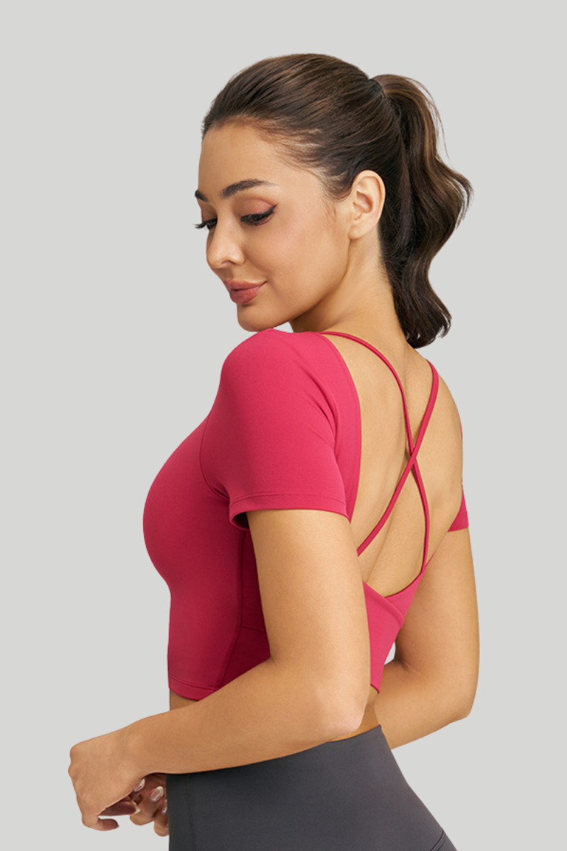 Women’s Athletic Cross-Back U-neck Cropped Yoga Pilates Tee