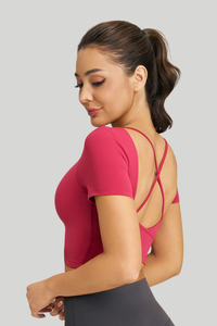 Women’s Athletic Cross-Back U-neck Cropped Yoga Pilates Tee