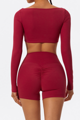 Women's Cropped Long Sleeve Top & Ruched Yoga Shorts Set