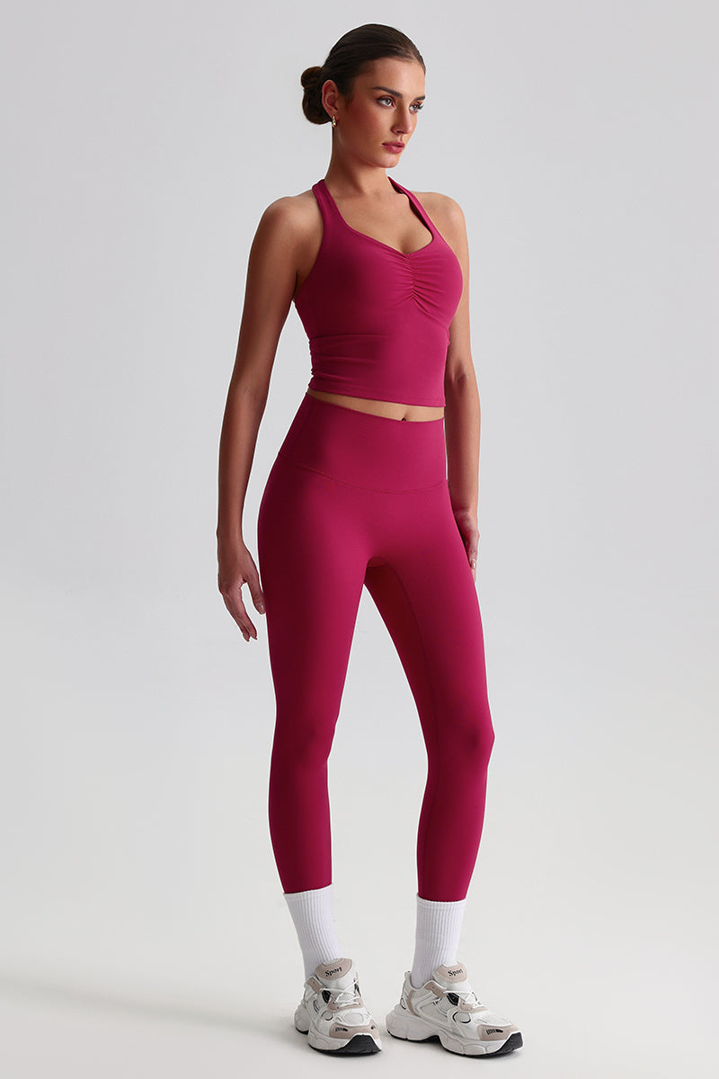 Women Brushed High Waisted Yoga Set: Tummy Control Tights + Halter Neck Support Bra