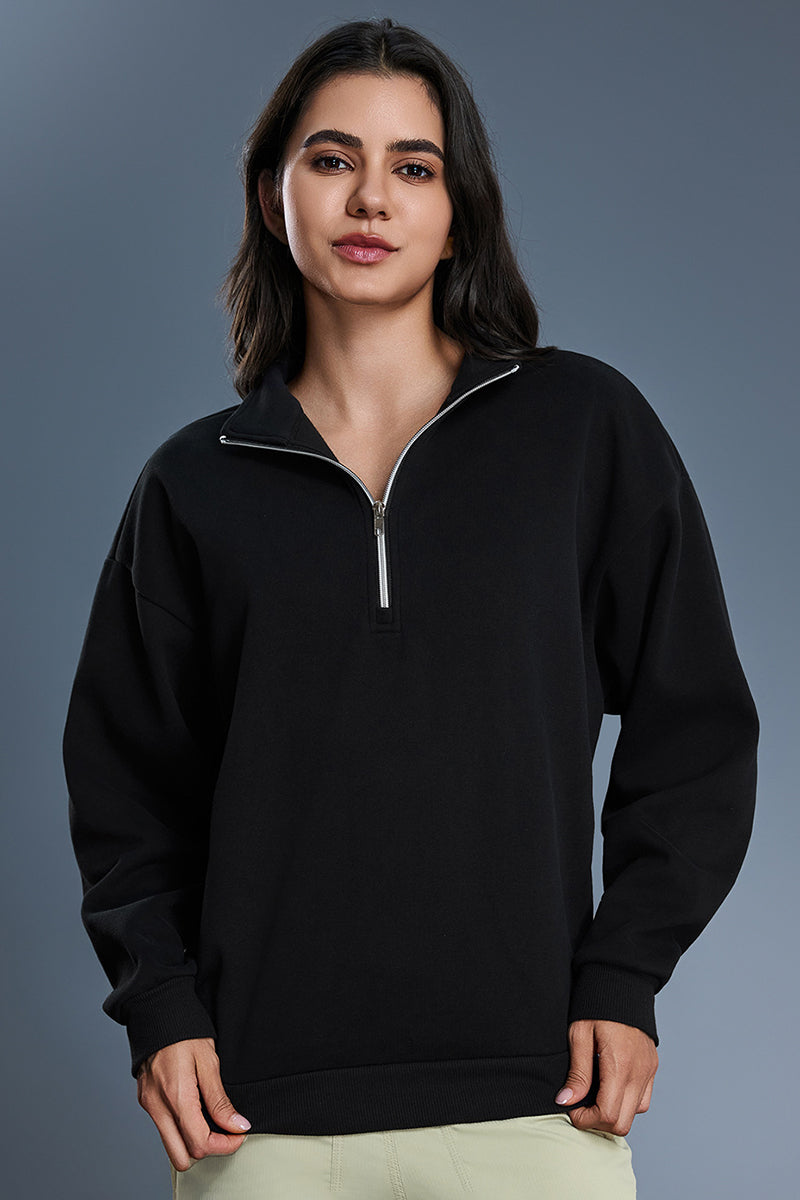 Women Half Zip Fleece Stand Collar Loose Casual Warm Sweatshirt