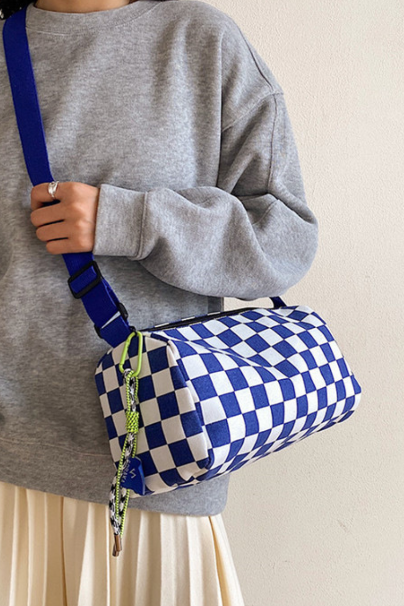Unisex Checkered Canvas Cylinder Crossbody Bag