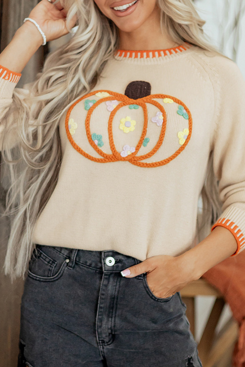 Women's Fall Halloween Pumpkin Floral Applique Knit Sweater