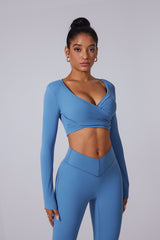 Women'S V-Neck Brushed Cross-Fold Sports Tight Long Sleeves