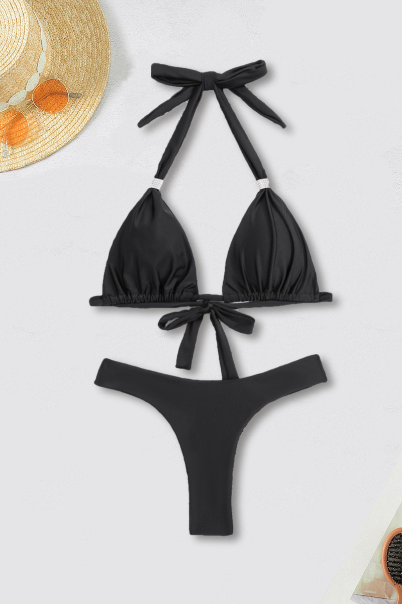 Women's Solid Triangle Cup Halterneck Backless Bikini