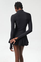 Women Single-Strap Tennis Sport Set: Wave-Hem Quick-Dry Lycroca Bra + Built-In Shorts Skort + Slim-Fit Zip-Training Jacket