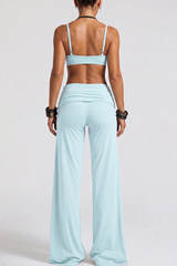 Women's Two-Piece Look Bra And Ruched Waist Wide-Leg Pants Yoga Set