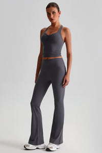 Women Cross Back Yoga Set: High Waisted No Pleat Seam Micro Wide Leggings + Pleated Crossover Camisole Bra