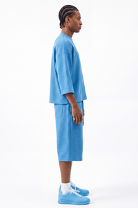Men's Waffle Knit Set:Loose Fit T-shirt & Knee Length Shorts