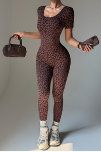 Women's Leopard-Print Backless Short-Sleeved Jumpsuit