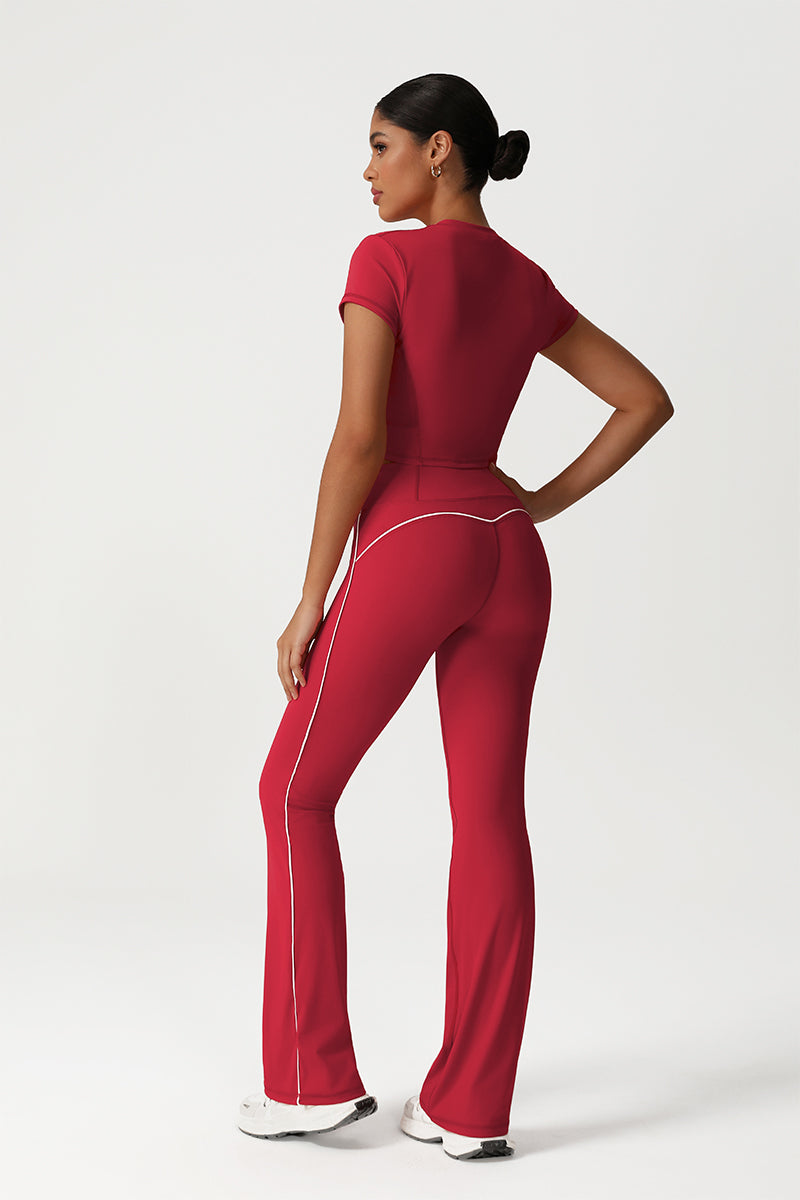 Women Seamless High Waisted Flared Yoga Set: Cropped T-Shirt + Flared Leggings