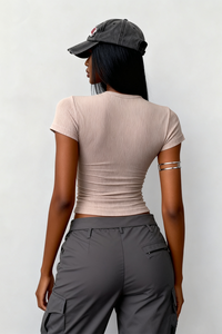 Women's slim round neck solid color short sleeves