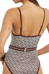 Women's Chain Print V Neck Backless Metal Straps One Piece