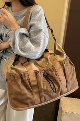 Plaid Drawstring Pocket Expandable Travel Duffle Bag