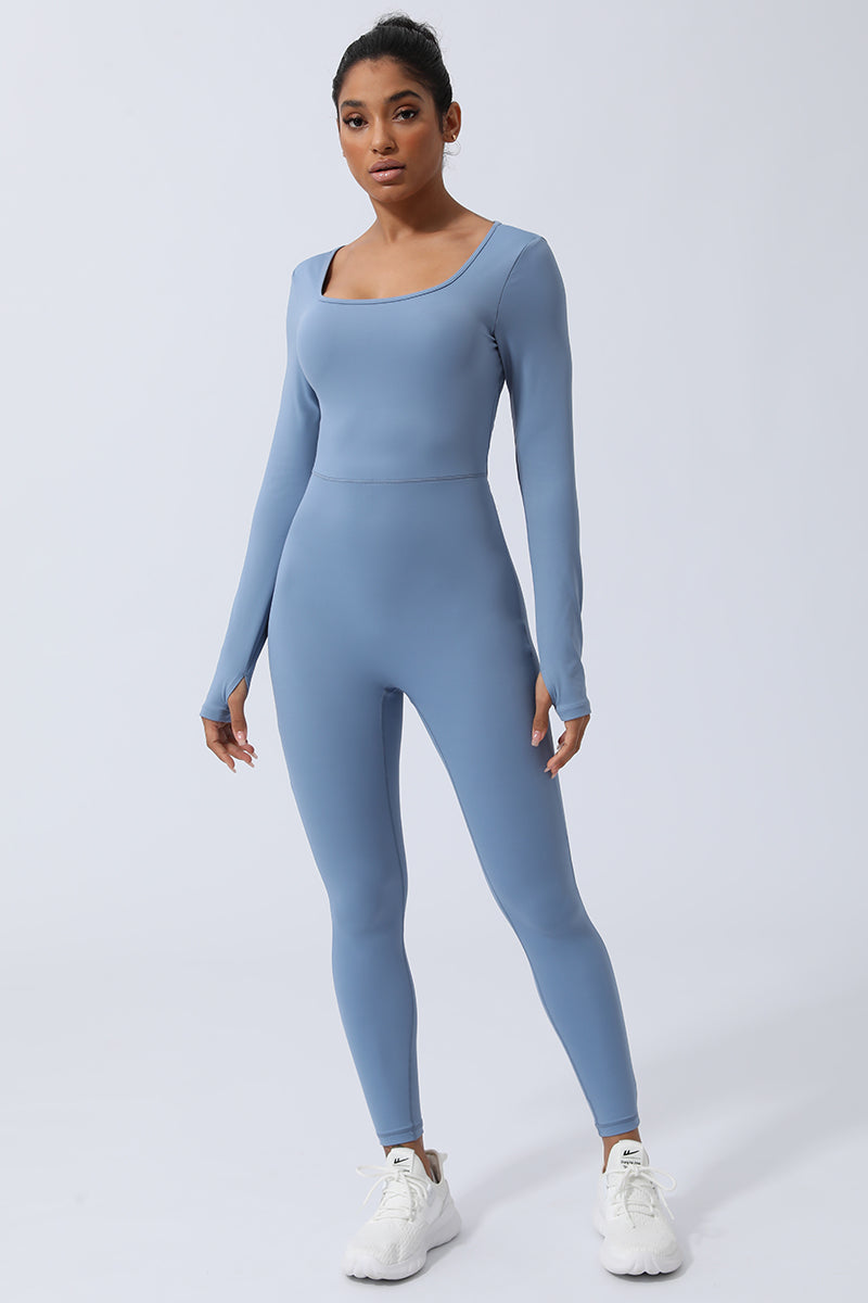 Women Square Collar Backless Sport Jumpsuit