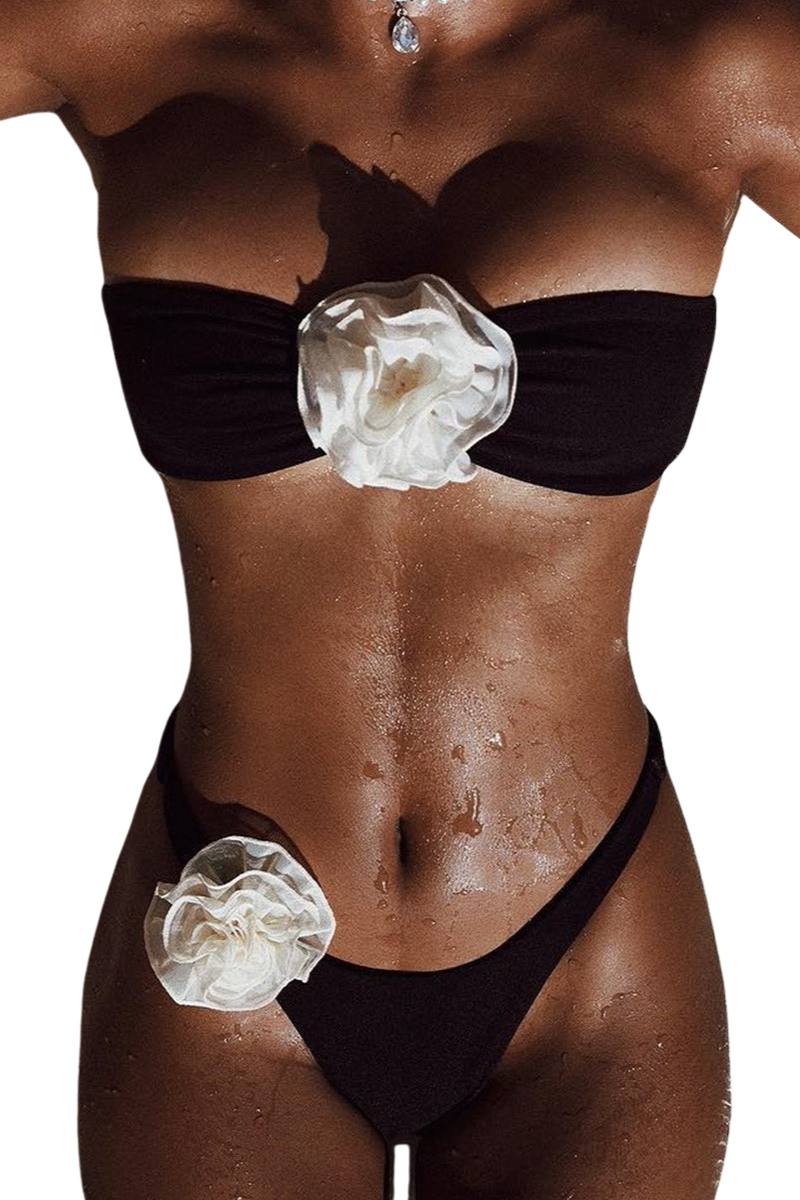 Women's 3D Floral Strapless Metal Back High Waist Bikini Set